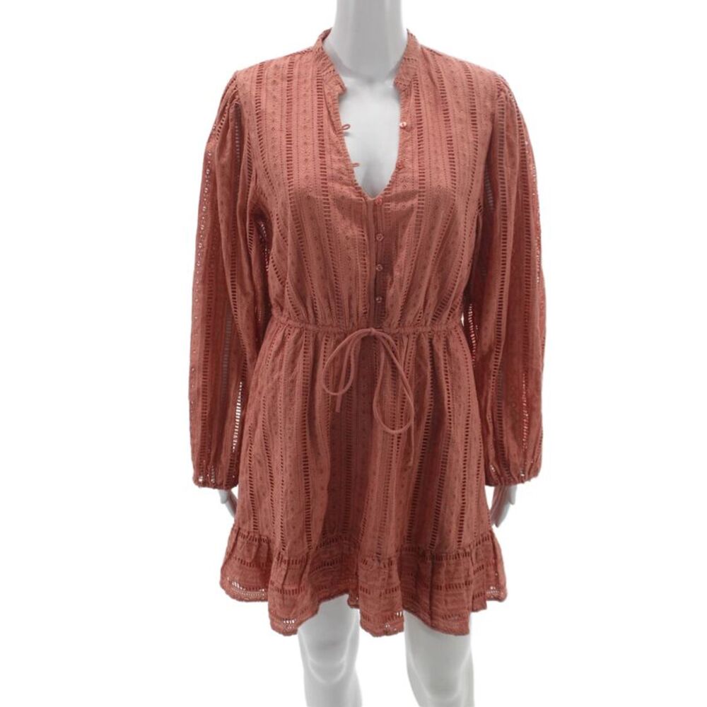 Designer Women Mini Dress Pink Cotton V-Neck Long Sleeve Striped Boho Size M